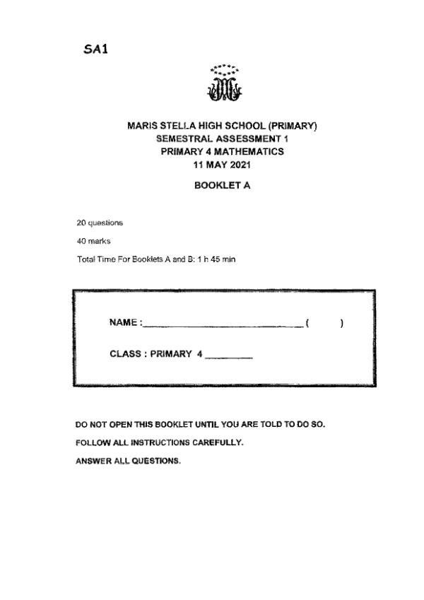First page preview of P4 Math 2021 WA2 — Maris Stella High