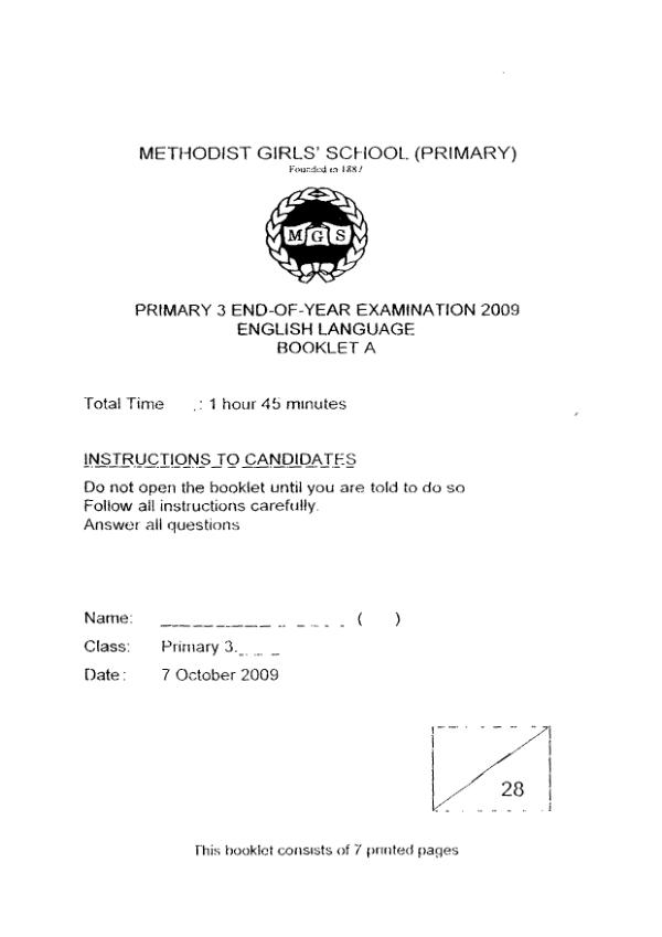Methodist Girls P3 Eng SA2 2009 exam paper PDF preview