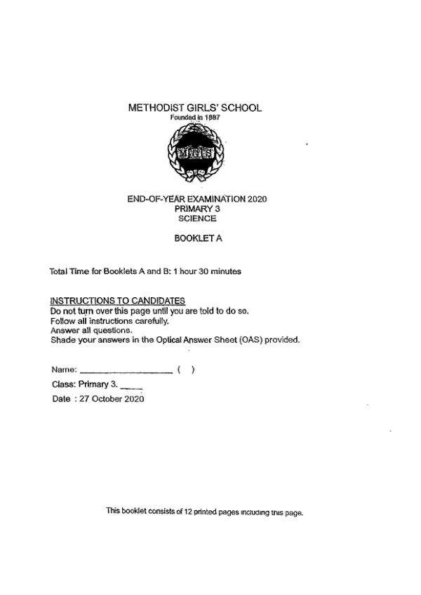 Methodist Girls P3 Sci SA2 2020 exam paper PDF first page preview