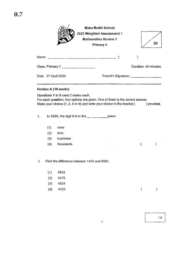 First page preview of P3 Math 2023 WA1 — Maha Bodhi
