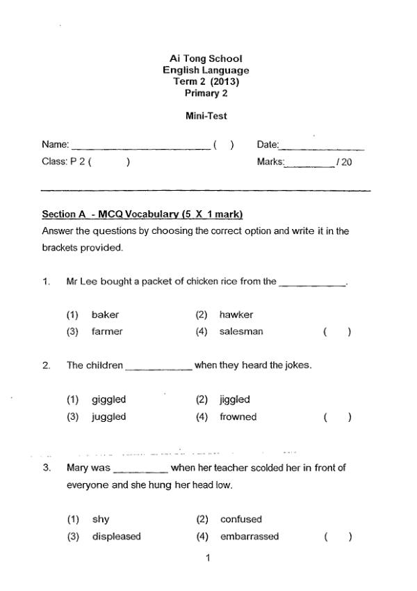 Ai Tong P2 Eng WA2 2013 exam paper PDF first page preview