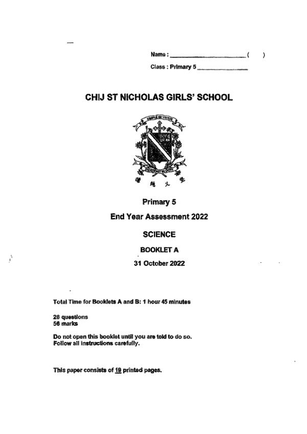 CHIJ P5 Sci SA2 2022 exam paper PDF preview