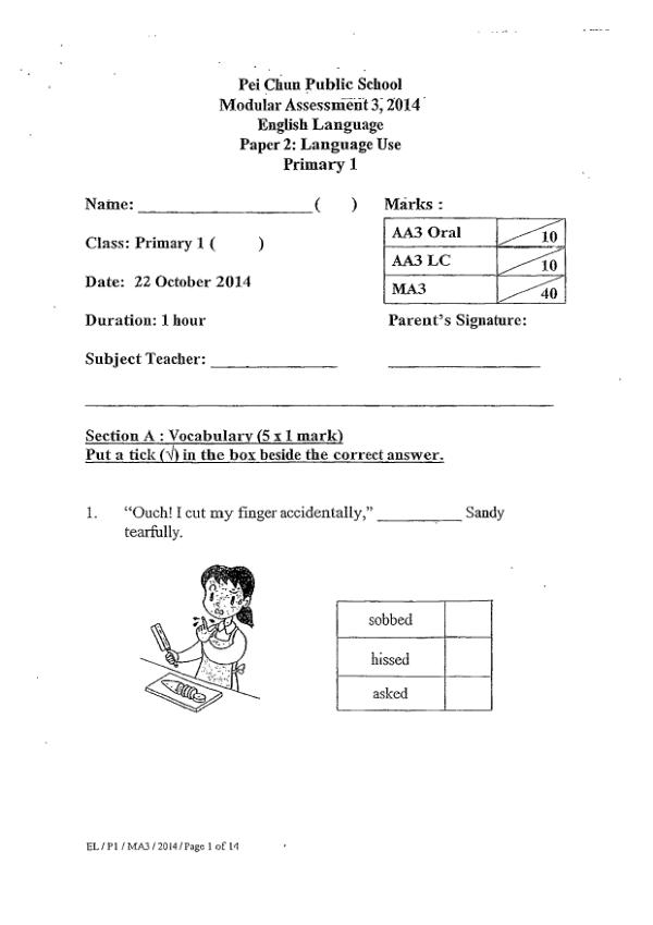 Pei Chun P1 Eng SA2 2014 exam paper PDF first page preview