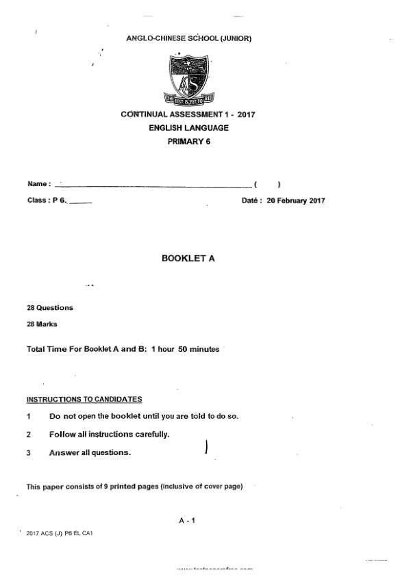 Anglo Chinese P6 Eng WA1 2017 exam paper PDF preview