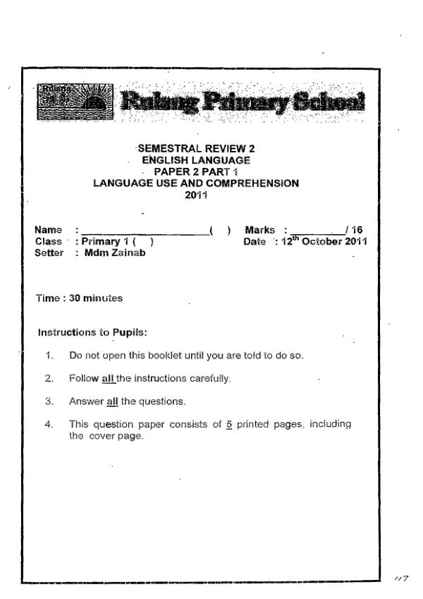 Rulang P1 Eng SA2 2011 exam paper PDF first page preview