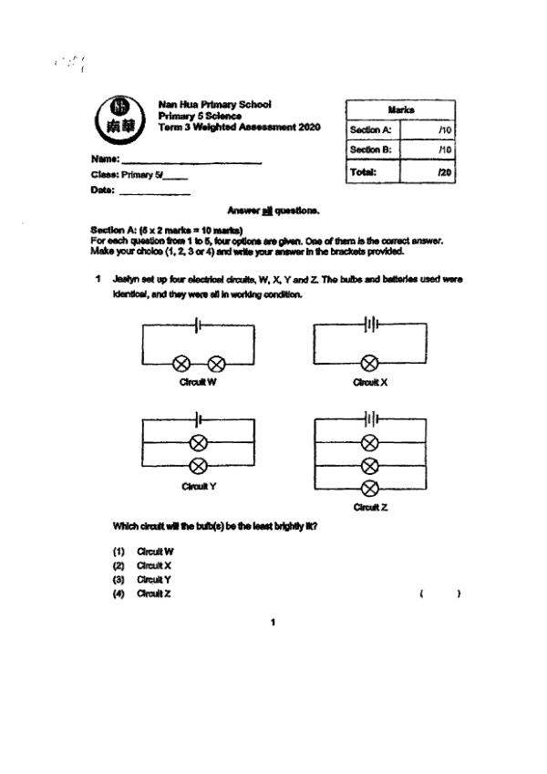 Nan Hua P5 Sci WA3 2020 exam paper PDF preview
