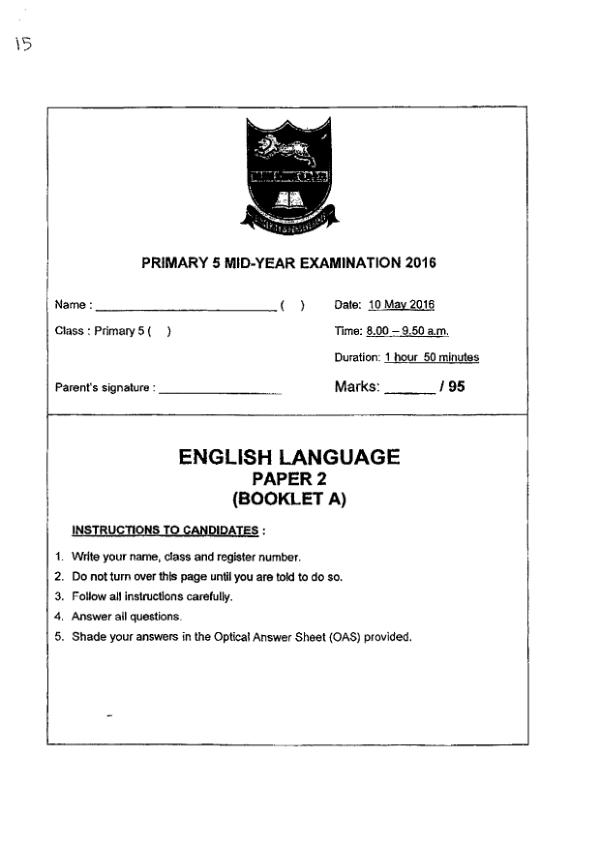 Tao Nan P5 Eng WA2 2016 exam paper PDF first page preview