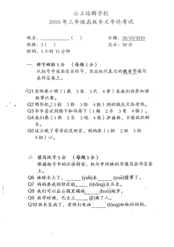 Pei Chun P3 Chi SA2 2010 exam paper PDF first page preview