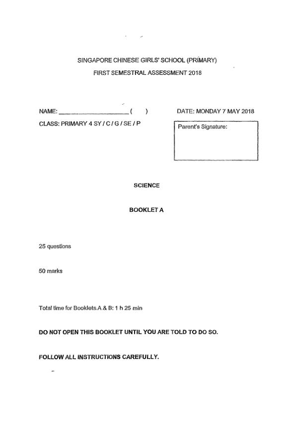 Singapore Chinese Girls P4 Sci WA2 2018 exam paper PDF first page preview