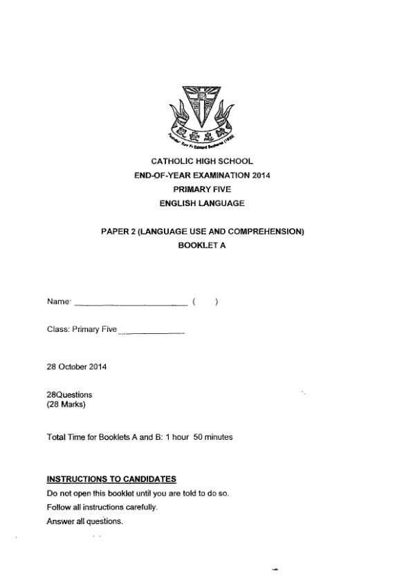 Catholic High P5 Eng SA2 2014 exam paper PDF first page preview