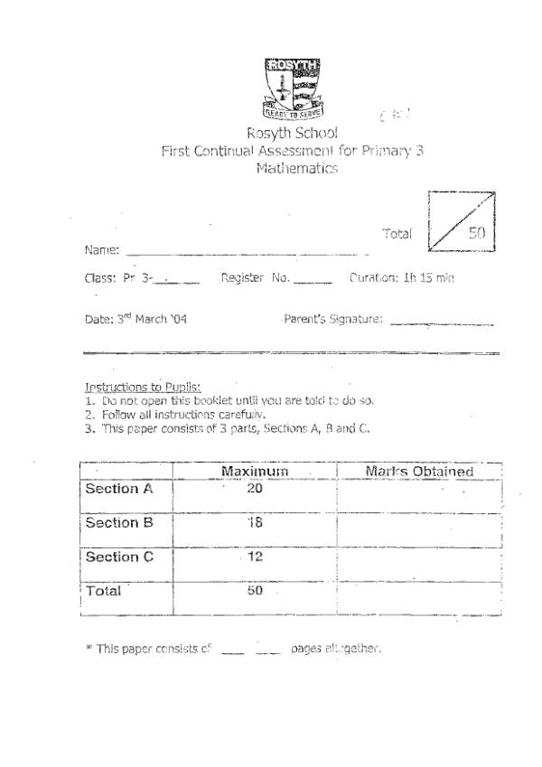 Rosyth P3 Math WA1 2004 exam paper PDF preview