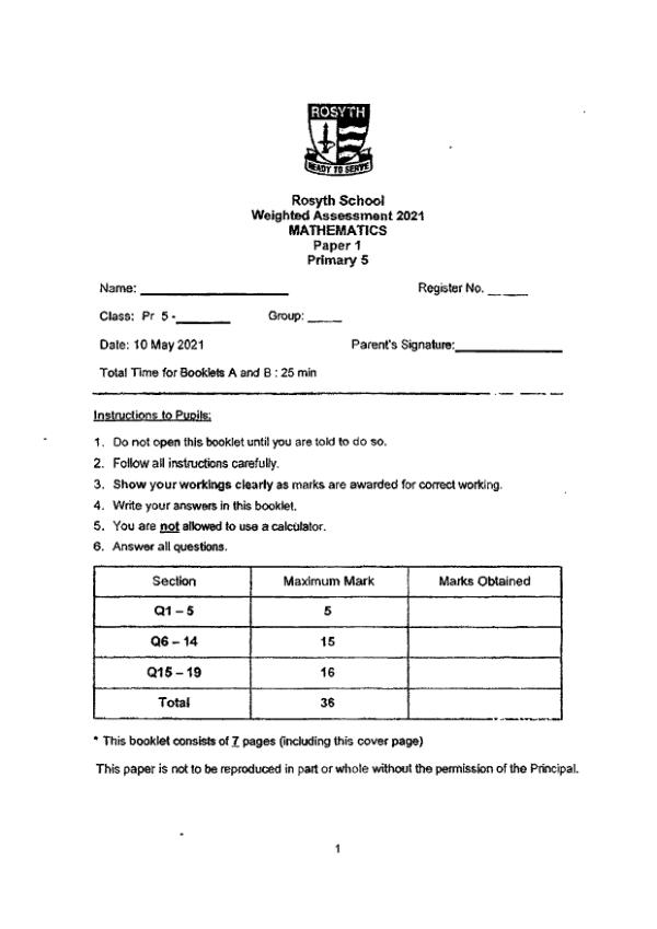 First page preview of P5 Math 2021 WA2 — Rosyth