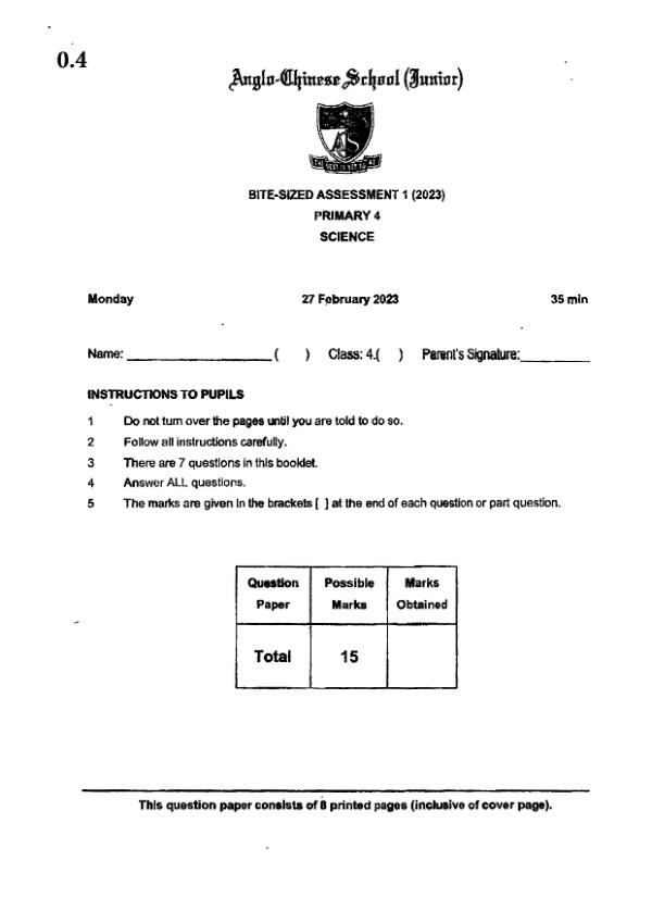 Anglo Chinese P4 Sci WA2 2023 exam paper PDF first page preview