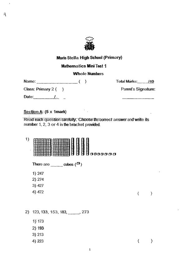 First page preview of P2 Math 2016 WA1 — Maris Stella High