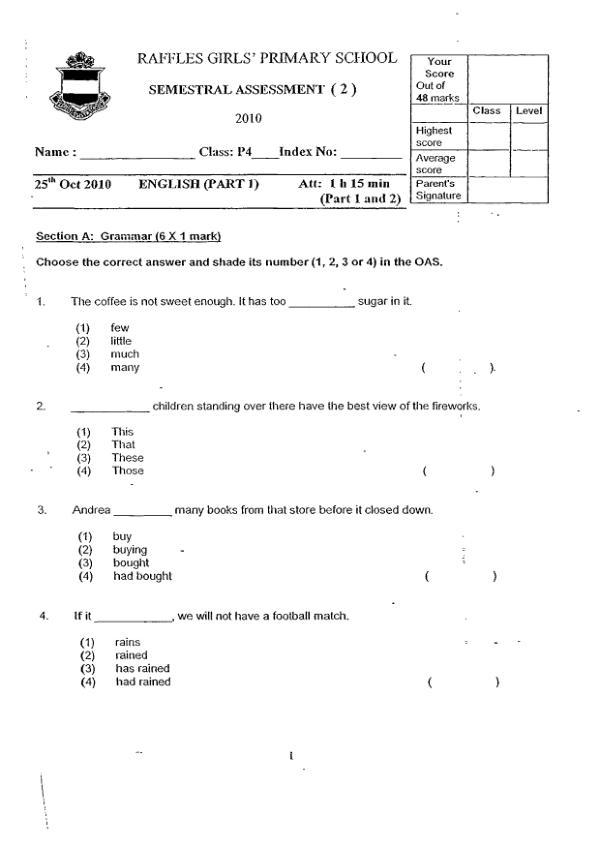 Raffles Girls P4 Eng SA2 2010 exam paper PDF first page preview