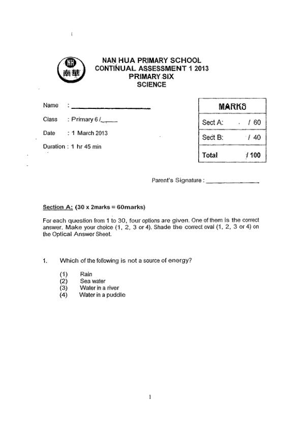 Nan Hua P6 Sci WA1 2013 exam paper PDF preview