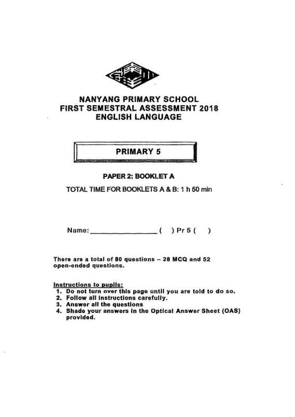 Nanyang P5 Eng WA2 2018 exam paper PDF first page preview