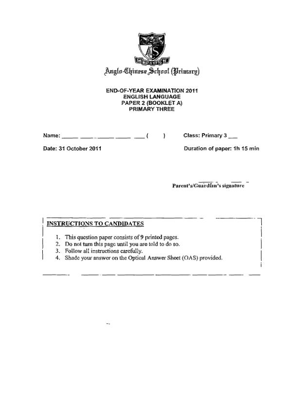 Anglo Chinese P3 Eng SA2 2011 exam paper PDF preview