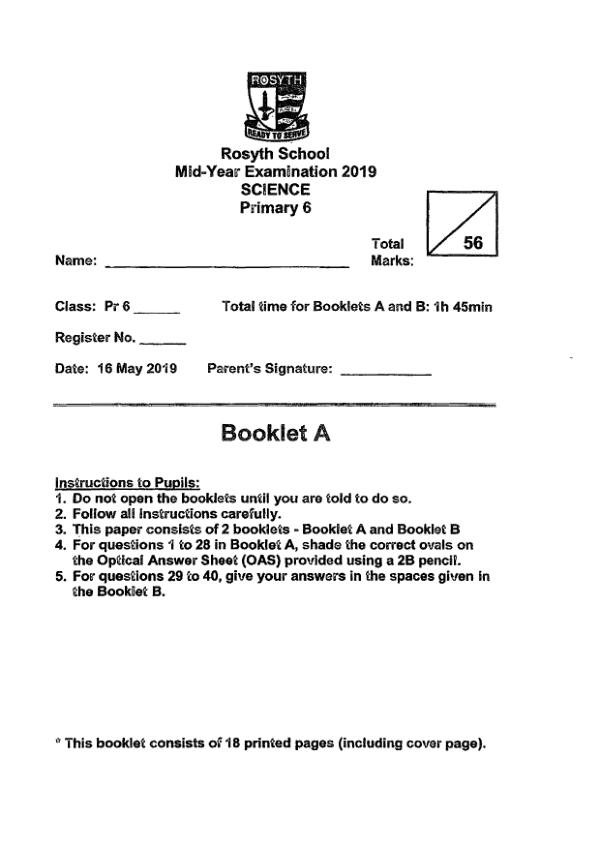 Rosyth P6 Sci WA2 2019 exam paper PDF first page preview