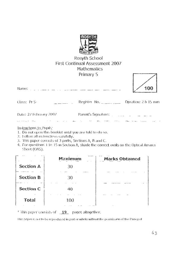 Rosyth P5 Math WA1 2007 exam paper PDF preview