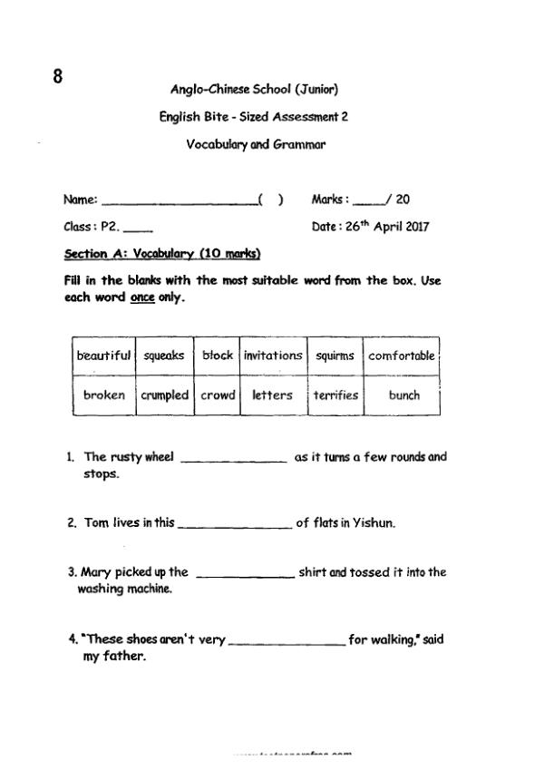 Anglo Chinese P2 Eng WA2 2017 exam paper PDF first page preview