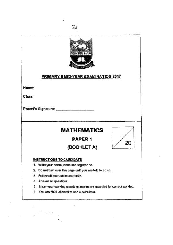 First page preview of P6 Math 2017 WA2 — Tao Nan