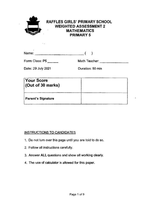 First page preview of P5 Math 2021 WA2 — Raffles Girls