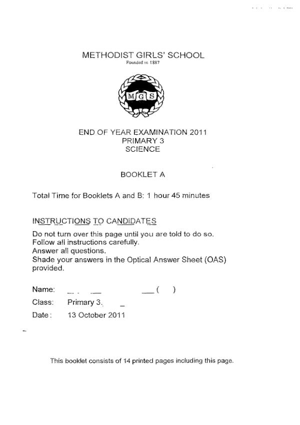 Methodist Girls P3 Sci SA2 2011 exam paper PDF preview