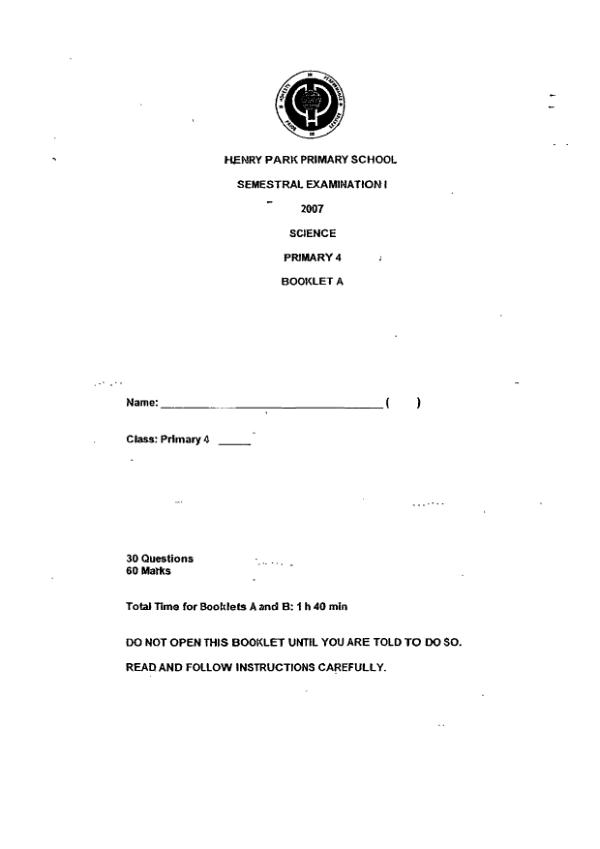 Henry Park P4 Sci WA2 2007 exam paper PDF preview