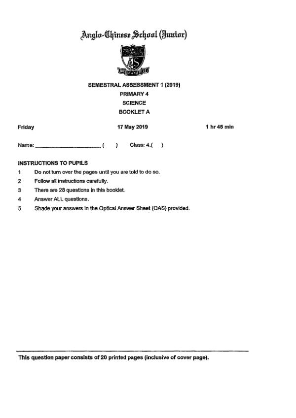 Anglo Chinese P4 Sci WA2 2019 exam paper PDF first page preview