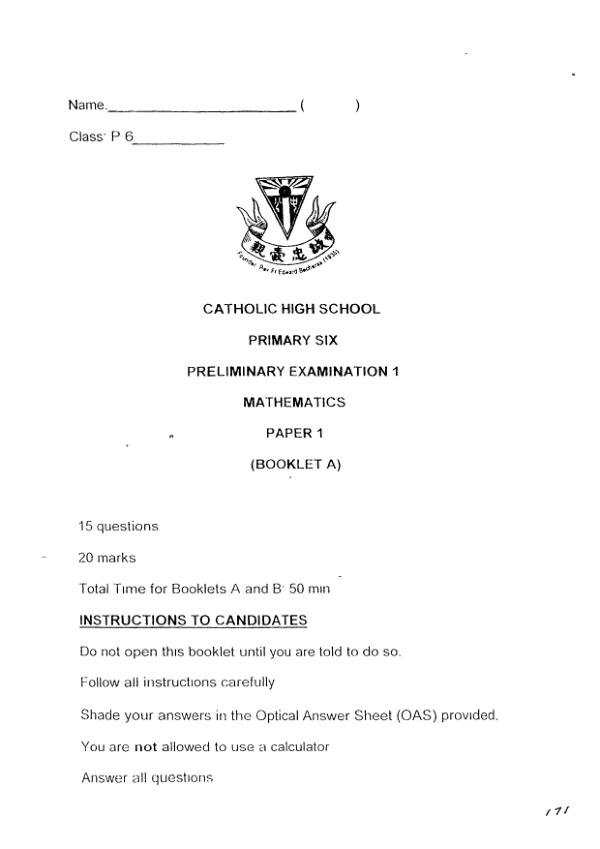 Catholic High P6 Math SA2 2011 exam paper PDF preview