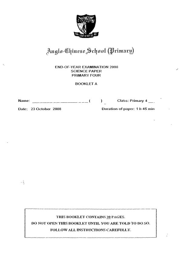 Anglo Chinese P4 Sci SA2 2008 exam paper PDF preview