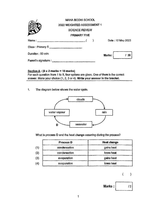 Maha Bodhi P5 Sci WA1 2022 exam paper PDF first page preview