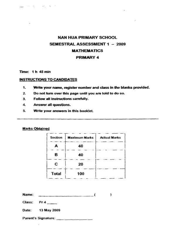 Nan Hua P4 Math WA2 2009 exam paper PDF first page preview