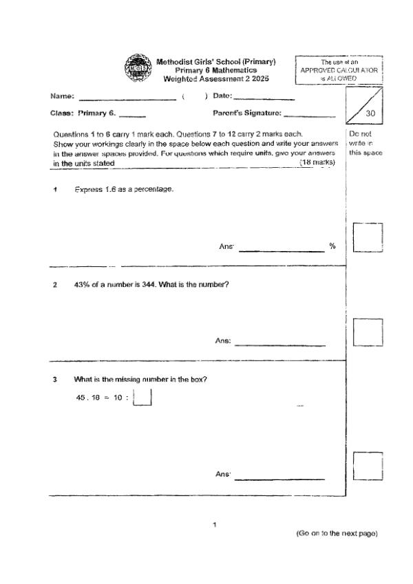 First page preview of P6 Math 2025 WA2 — Methodist Girls