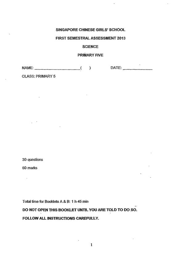 Singapore Chinese Girls P5 Sci WA2 2013 exam paper PDF preview