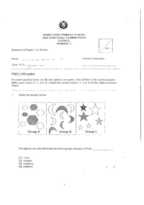 Henry Park P3 Sci WA2 2008 exam paper PDF preview