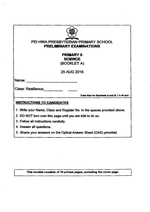 Pei Hwa P6 Sci SA2 2016 exam paper PDF first page preview