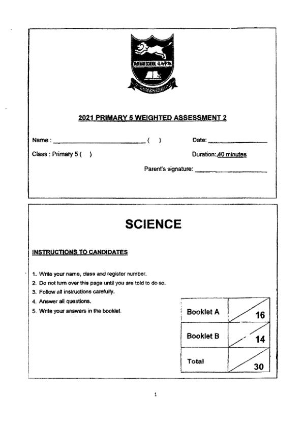 Tao Nan P5 Sci WA2 2021 exam paper PDF first page preview