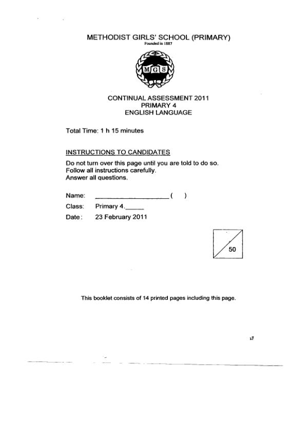 Methodist Girls P4 Eng WA1 2011 exam paper PDF preview