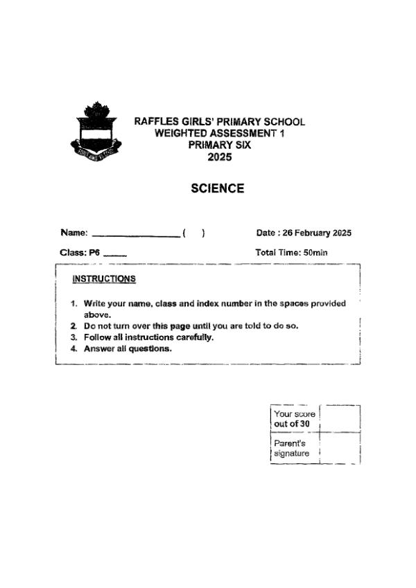 Raffles Girls P6 Sci WA1 2025 exam paper PDF first page preview