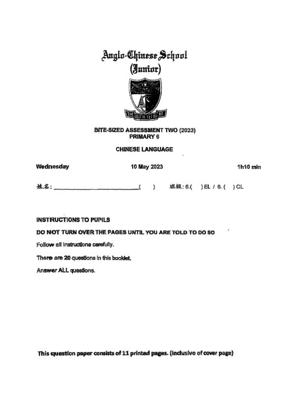 First page preview of P6 Chi 2023 WA2 — Anglo Chinese