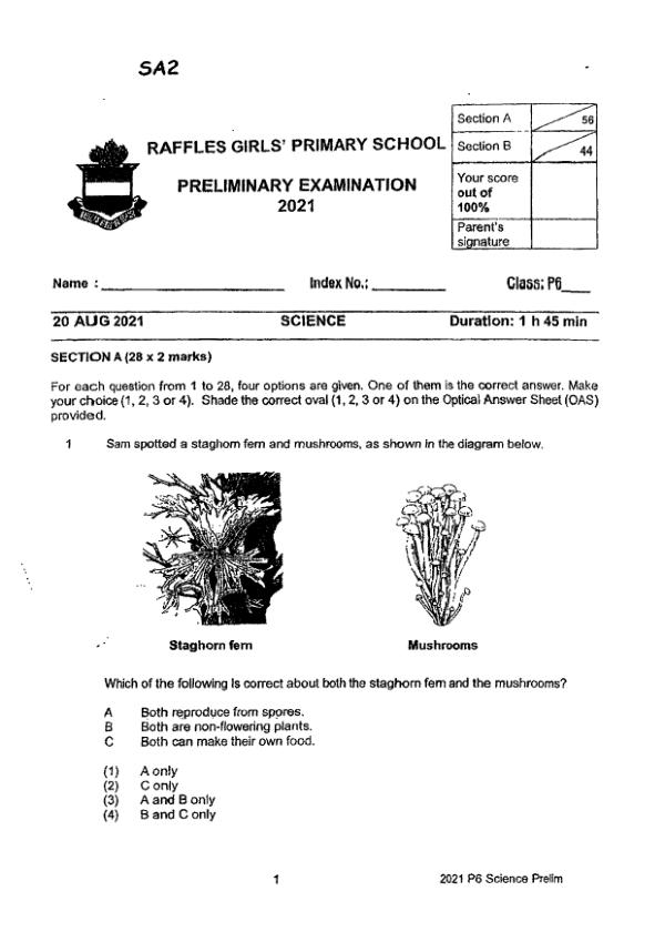 Raffles Girls P6 Sci SA2 2021 exam paper PDF first page preview