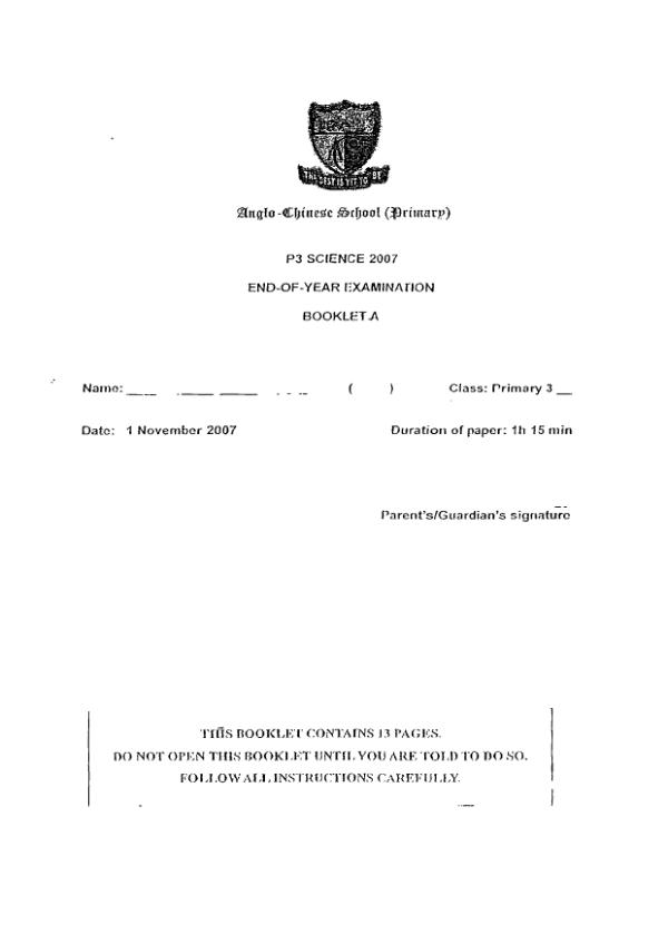 Anglo Chinese P3 Sci SA2 2007 exam paper PDF preview
