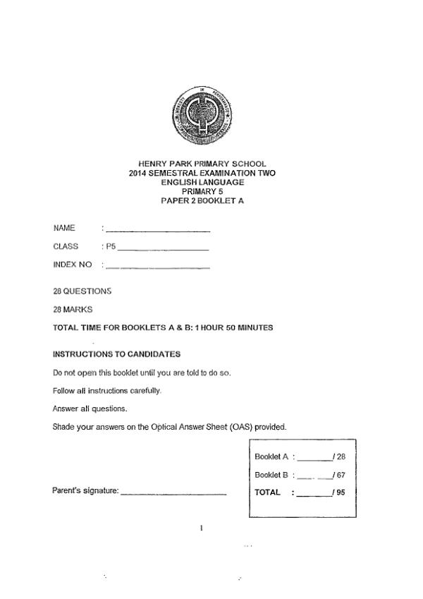 Henry Park P5 Eng SA2 2014 exam paper PDF first page preview