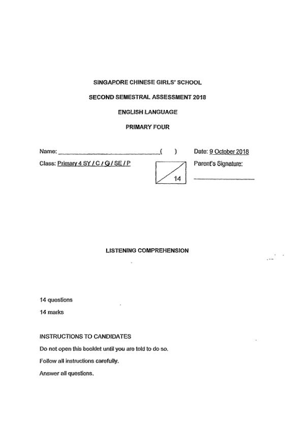 Singapore Chinese Girls P4 Eng SA2 2018 exam paper PDF preview
