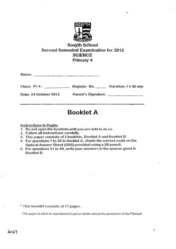 Rosyth P4 Sci SA2 2012 exam paper PDF preview