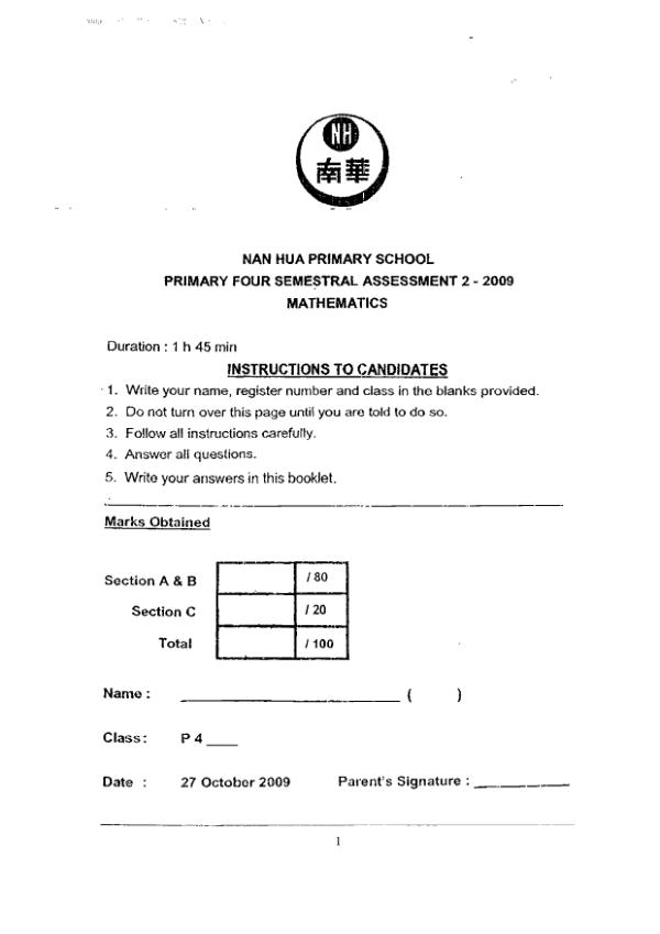 Nan Hua P4 Math SA2 2009 exam paper PDF preview