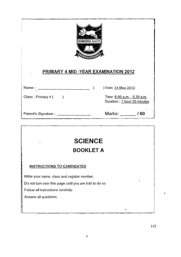 Tao Nan P4 Sci WA2 2012 exam paper PDF preview