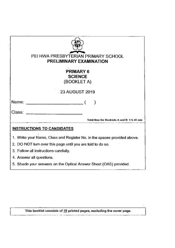 Pei Hwa P6 Sci SA2 2019 exam paper PDF first page preview